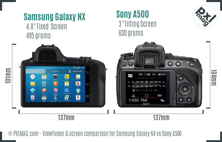 Samsung Galaxy NX vs Sony A500 Screen and Viewfinder comparison