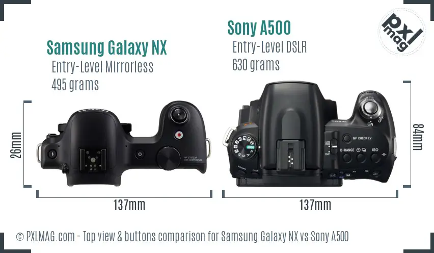 Samsung Galaxy NX vs Sony A500 top view buttons comparison
