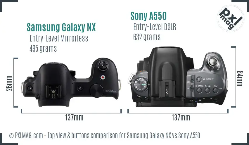 Samsung Galaxy NX vs Sony A550 top view buttons comparison