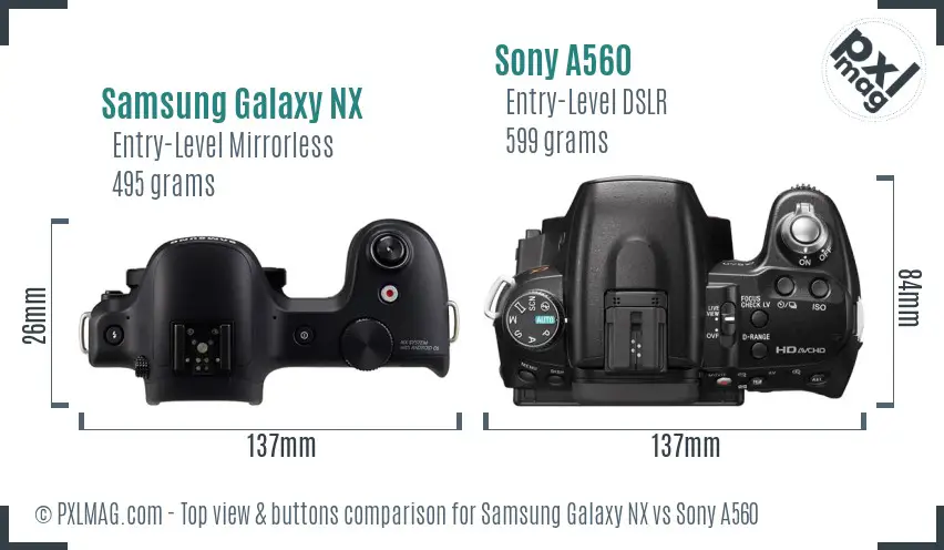 Samsung Galaxy NX vs Sony A560 top view buttons comparison