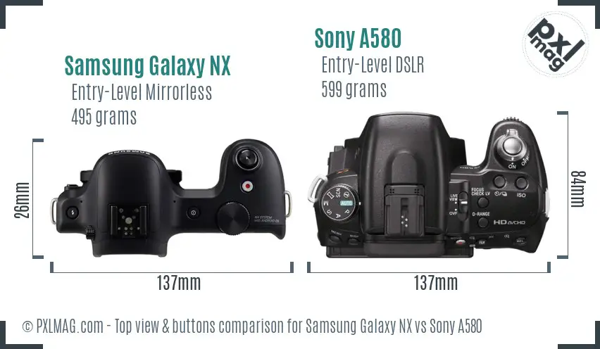Samsung Galaxy NX vs Sony A580 top view buttons comparison