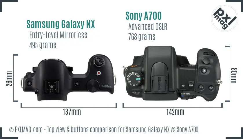 Samsung Galaxy NX vs Sony A700 top view buttons comparison