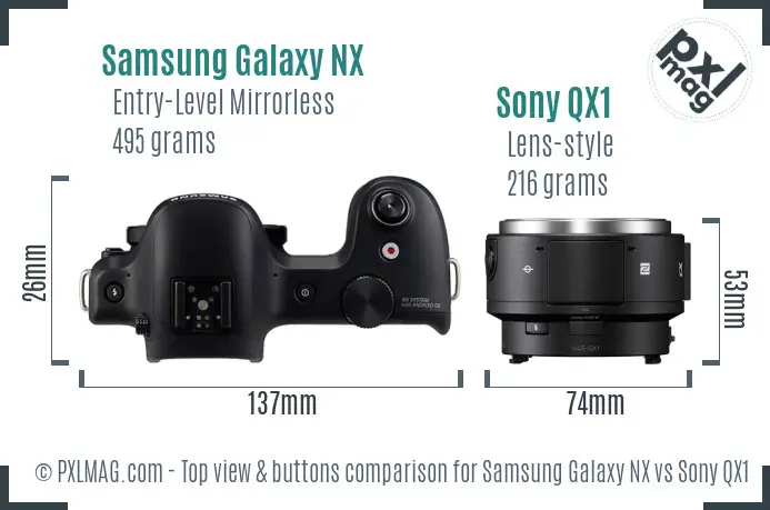 Samsung Galaxy NX vs Sony QX1 top view buttons comparison
