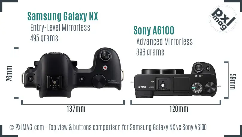 Samsung Galaxy NX vs Sony A6100 top view buttons comparison