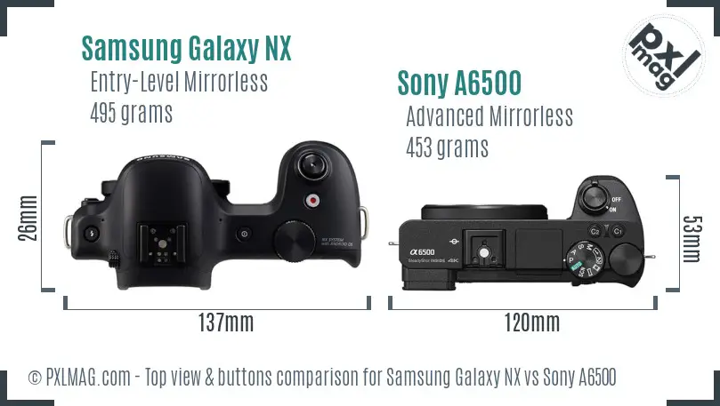 Samsung Galaxy NX vs Sony A6500 top view buttons comparison