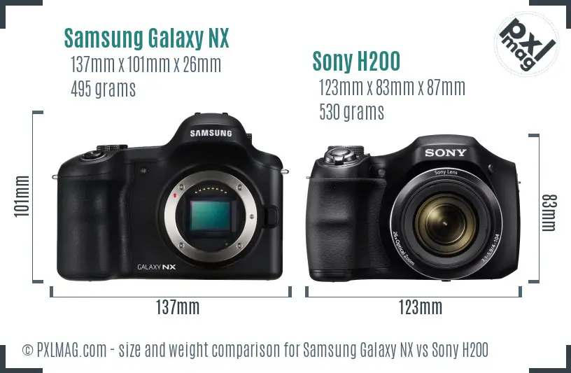 Samsung Galaxy NX vs Sony H200 size comparison