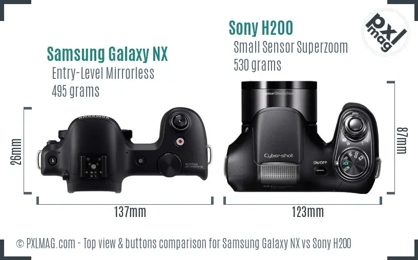 Samsung Galaxy NX vs Sony H200 top view buttons comparison