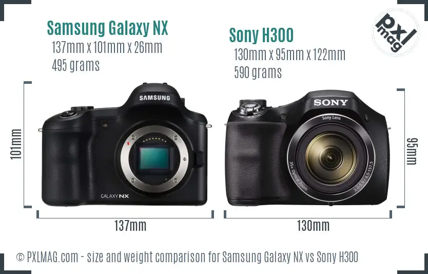 Samsung Galaxy NX vs Sony H300 size comparison