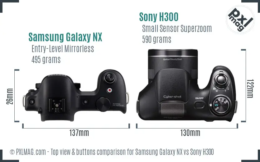 Samsung Galaxy NX vs Sony H300 top view buttons comparison