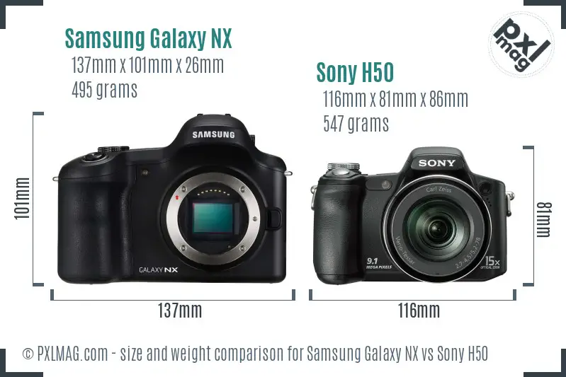 Samsung Galaxy NX vs Sony H50 size comparison