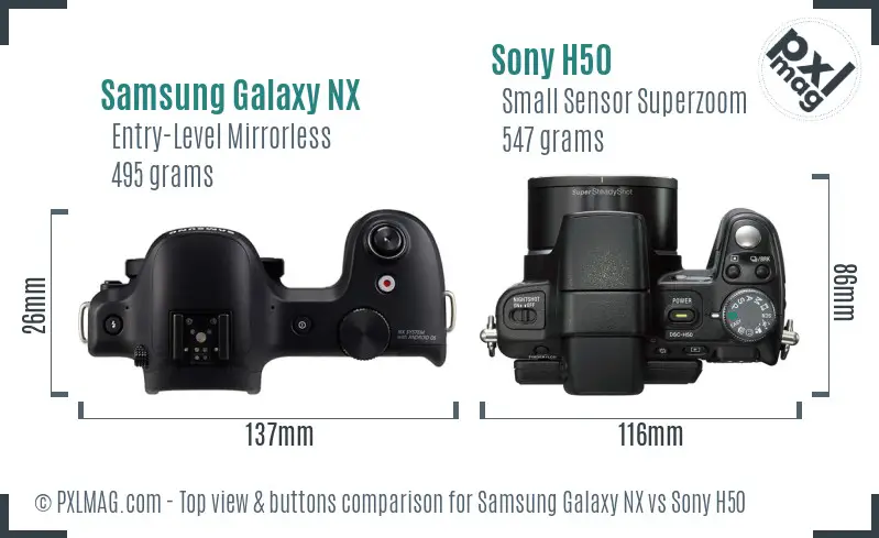Samsung Galaxy NX vs Sony H50 top view buttons comparison