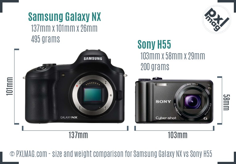 Samsung Galaxy NX vs Sony H55 size comparison