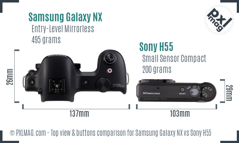 Samsung Galaxy NX vs Sony H55 top view buttons comparison