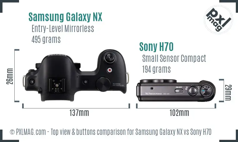 Samsung Galaxy NX vs Sony H70 top view buttons comparison