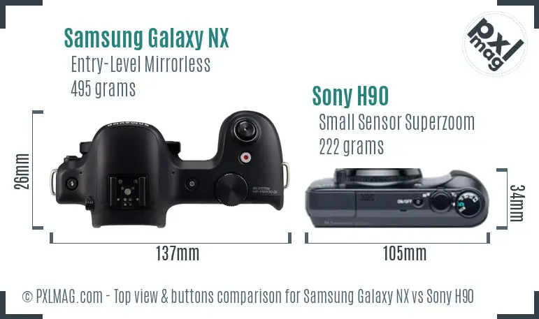 Samsung Galaxy NX vs Sony H90 top view buttons comparison