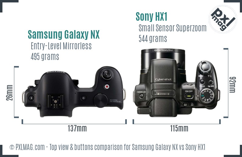 Samsung Galaxy NX vs Sony HX1 top view buttons comparison