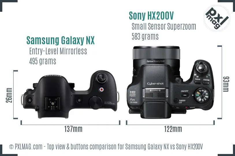 Samsung Galaxy NX vs Sony HX200V top view buttons comparison