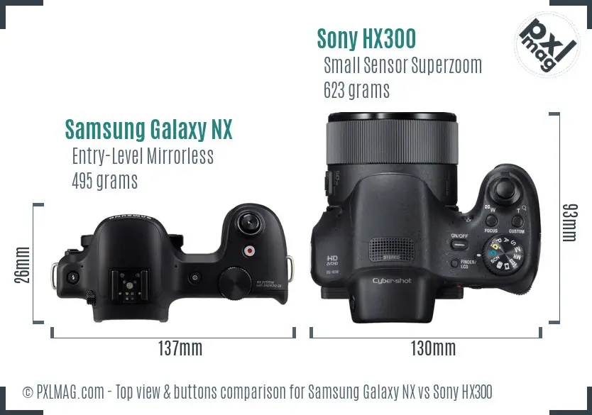 Samsung Galaxy NX vs Sony HX300 top view buttons comparison