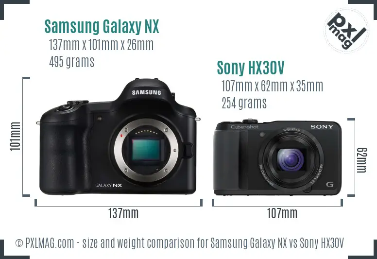 Samsung Galaxy NX vs Sony HX30V size comparison