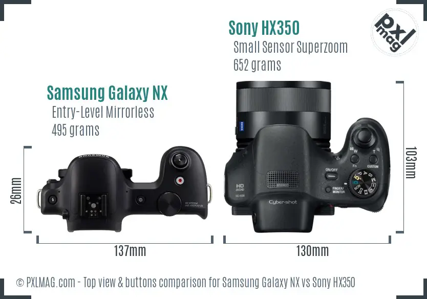 Samsung Galaxy NX vs Sony HX350 top view buttons comparison