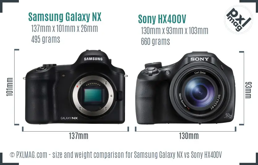 Samsung Galaxy NX vs Sony HX400V size comparison