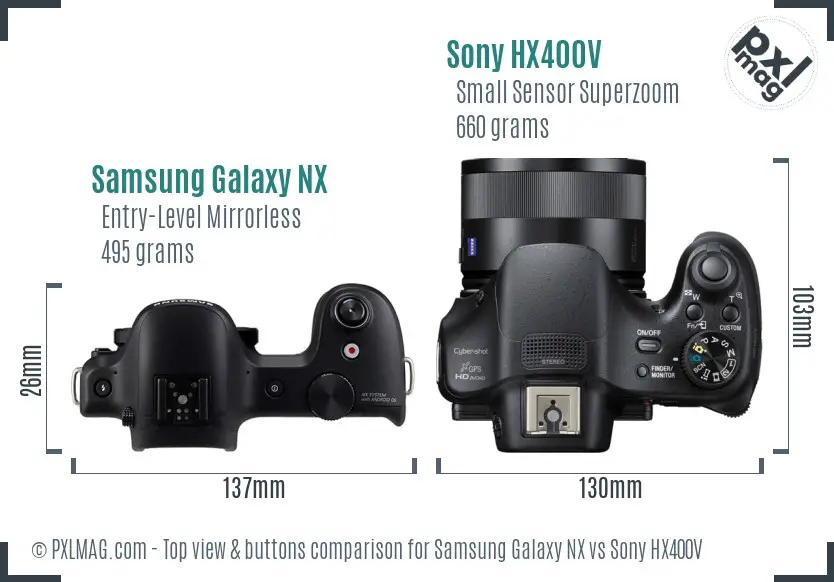 Samsung Galaxy NX vs Sony HX400V top view buttons comparison