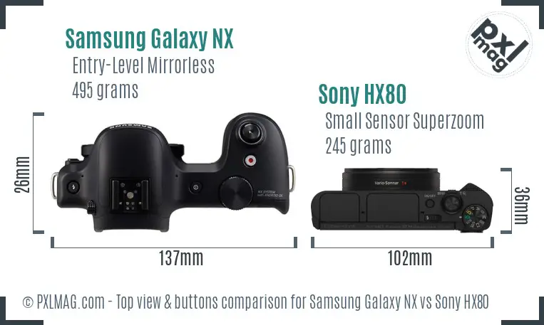 Samsung Galaxy NX vs Sony HX80 top view buttons comparison