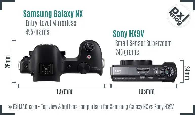 Samsung Galaxy NX vs Sony HX9V top view buttons comparison
