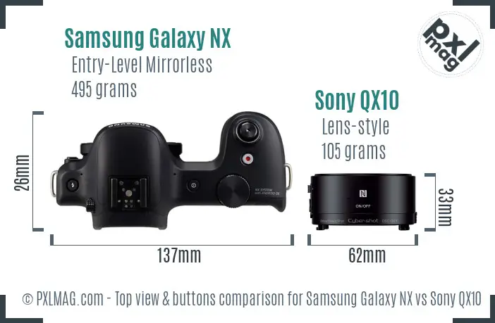 Samsung Galaxy NX vs Sony QX10 top view buttons comparison
