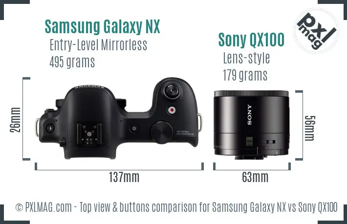 Samsung Galaxy NX vs Sony QX100 top view buttons comparison