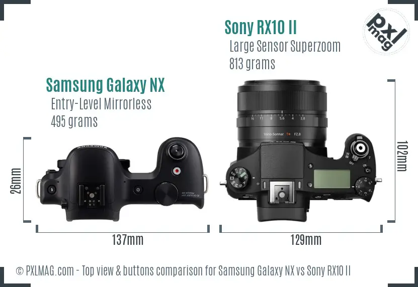 Samsung Galaxy NX vs Sony RX10 II top view buttons comparison