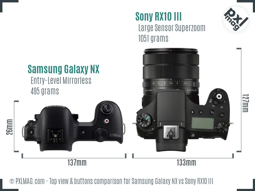 Samsung Galaxy NX vs Sony RX10 III top view buttons comparison