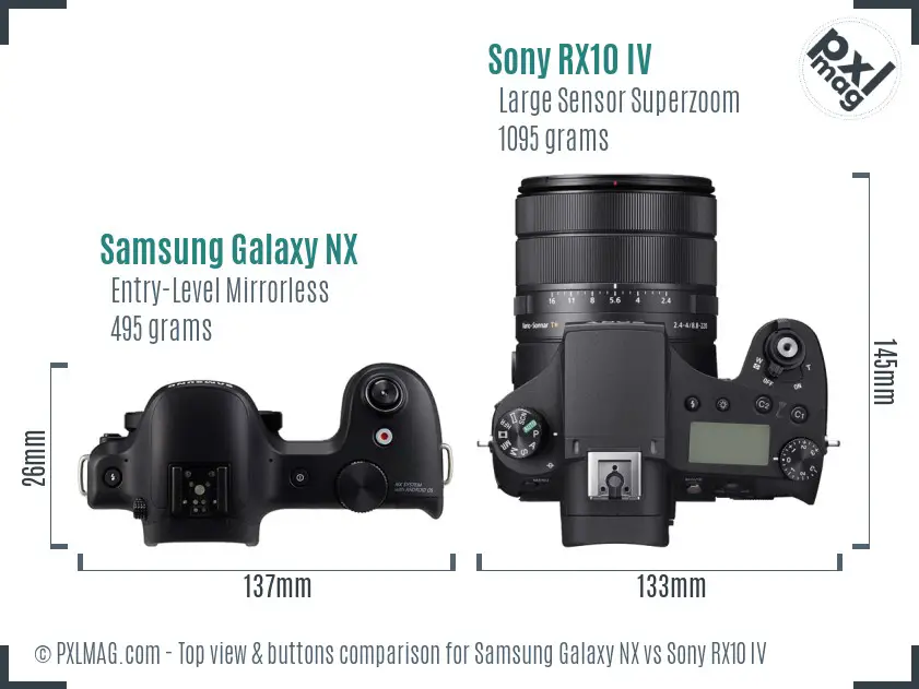 Samsung Galaxy NX vs Sony RX10 IV top view buttons comparison