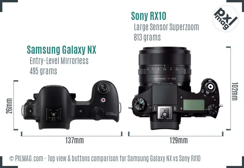 Samsung Galaxy NX vs Sony RX10 top view buttons comparison