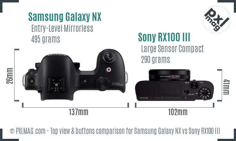 Samsung Galaxy NX vs Sony RX100 III top view buttons comparison