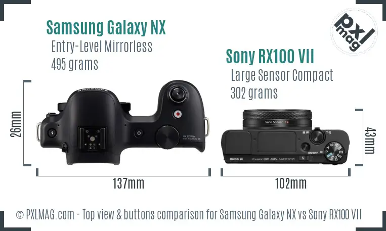 Samsung Galaxy NX vs Sony RX100 VII top view buttons comparison