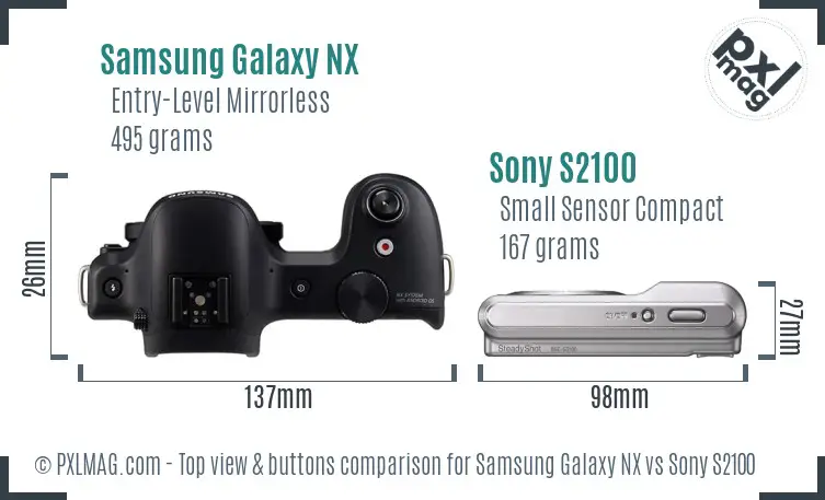 Samsung Galaxy NX vs Sony S2100 top view buttons comparison