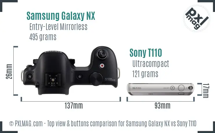 Samsung Galaxy NX vs Sony T110 top view buttons comparison