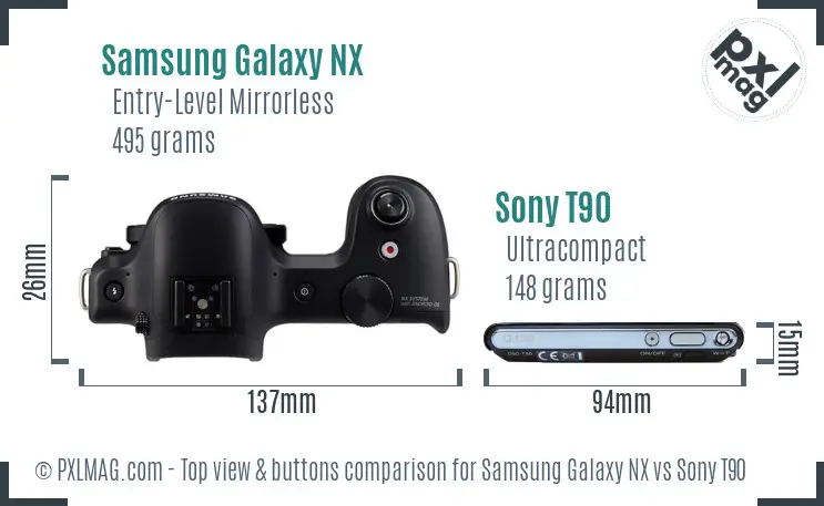 Samsung Galaxy NX vs Sony T90 top view buttons comparison