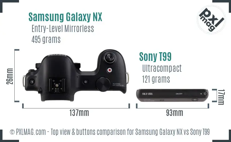 Samsung Galaxy NX vs Sony T99 top view buttons comparison