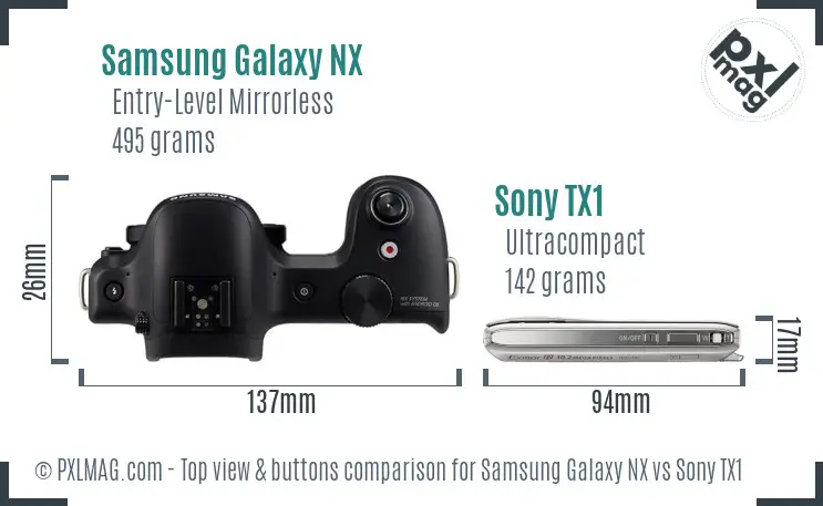 Samsung Galaxy NX vs Sony TX1 top view buttons comparison