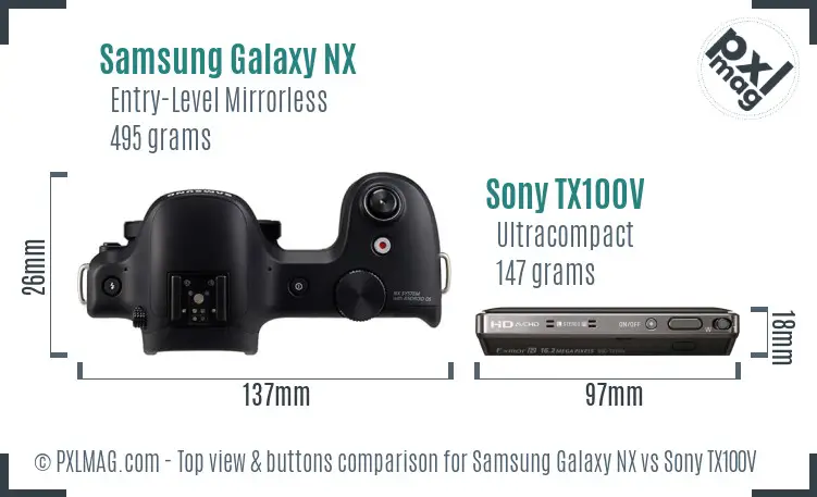 Samsung Galaxy NX vs Sony TX100V top view buttons comparison