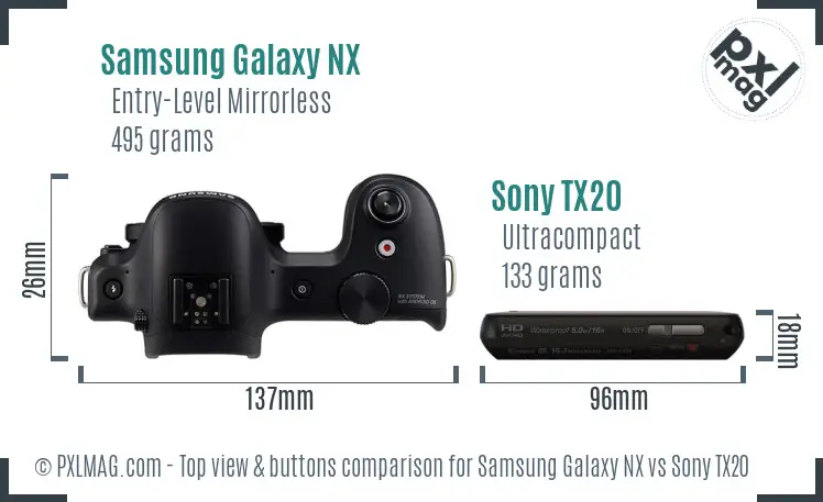 Samsung Galaxy NX vs Sony TX20 top view buttons comparison