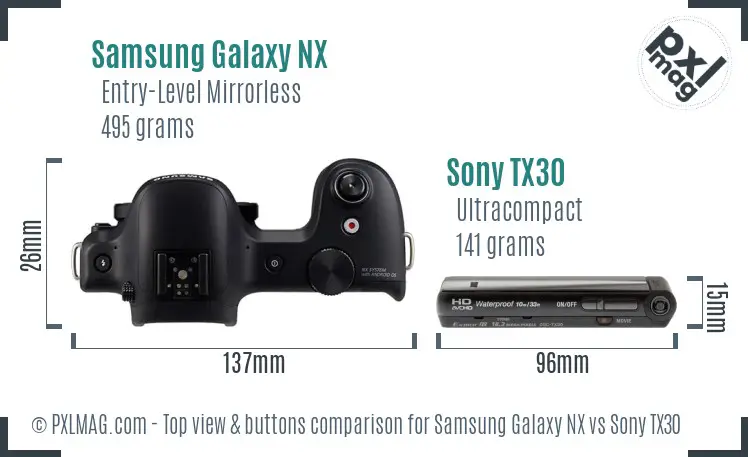 Samsung Galaxy NX vs Sony TX30 top view buttons comparison