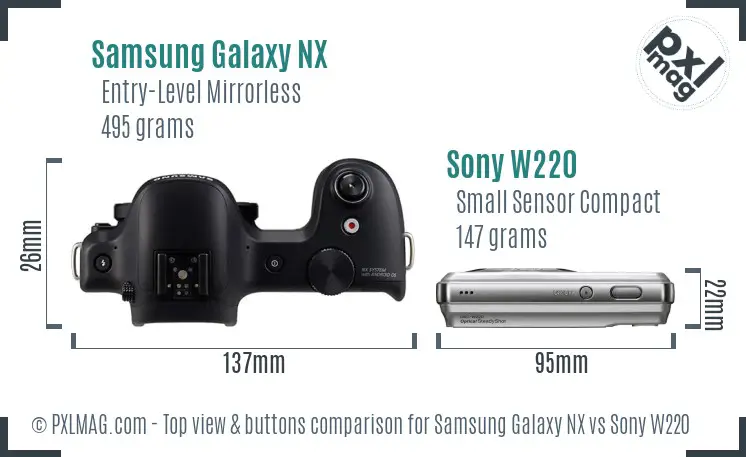 Samsung Galaxy NX vs Sony W220 top view buttons comparison