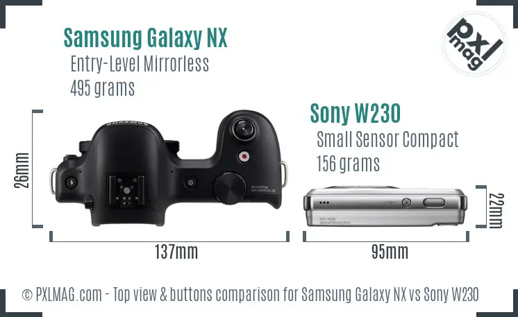Samsung Galaxy NX vs Sony W230 top view buttons comparison