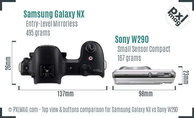 Samsung Galaxy NX vs Sony W290 top view buttons comparison