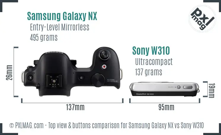Samsung Galaxy NX vs Sony W310 top view buttons comparison