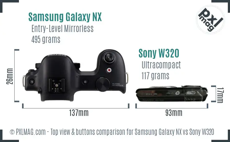Samsung Galaxy NX vs Sony W320 top view buttons comparison