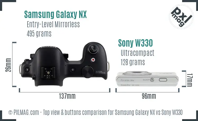 Samsung Galaxy NX vs Sony W330 top view buttons comparison